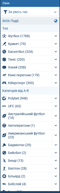 Меню видов спорта в БК 1xBet: дисциплины, лиги и фильтры для поиска нужного события